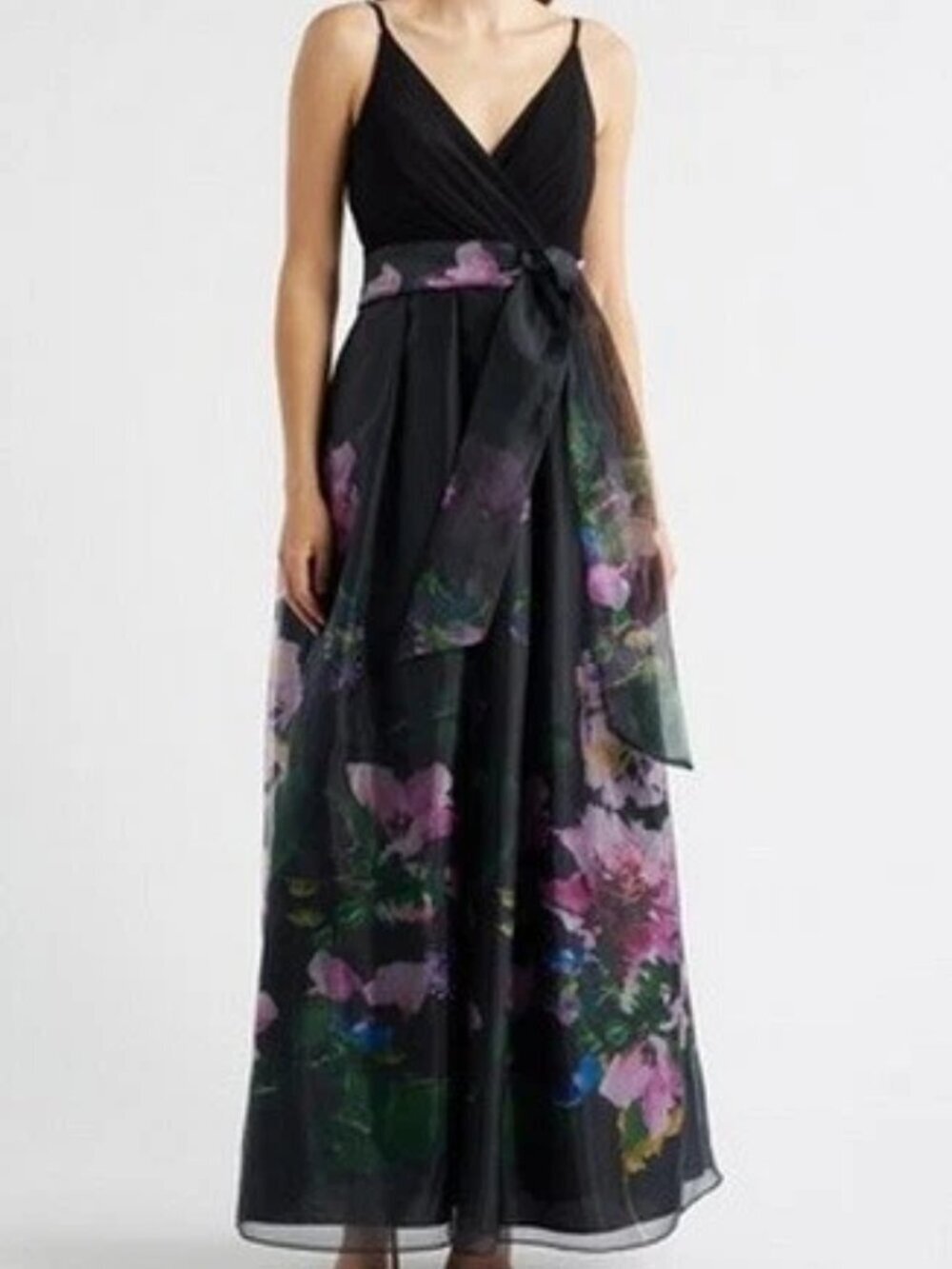 Eliza J Black Multi Placed Floral Mixed Media Gown. Sz: 4